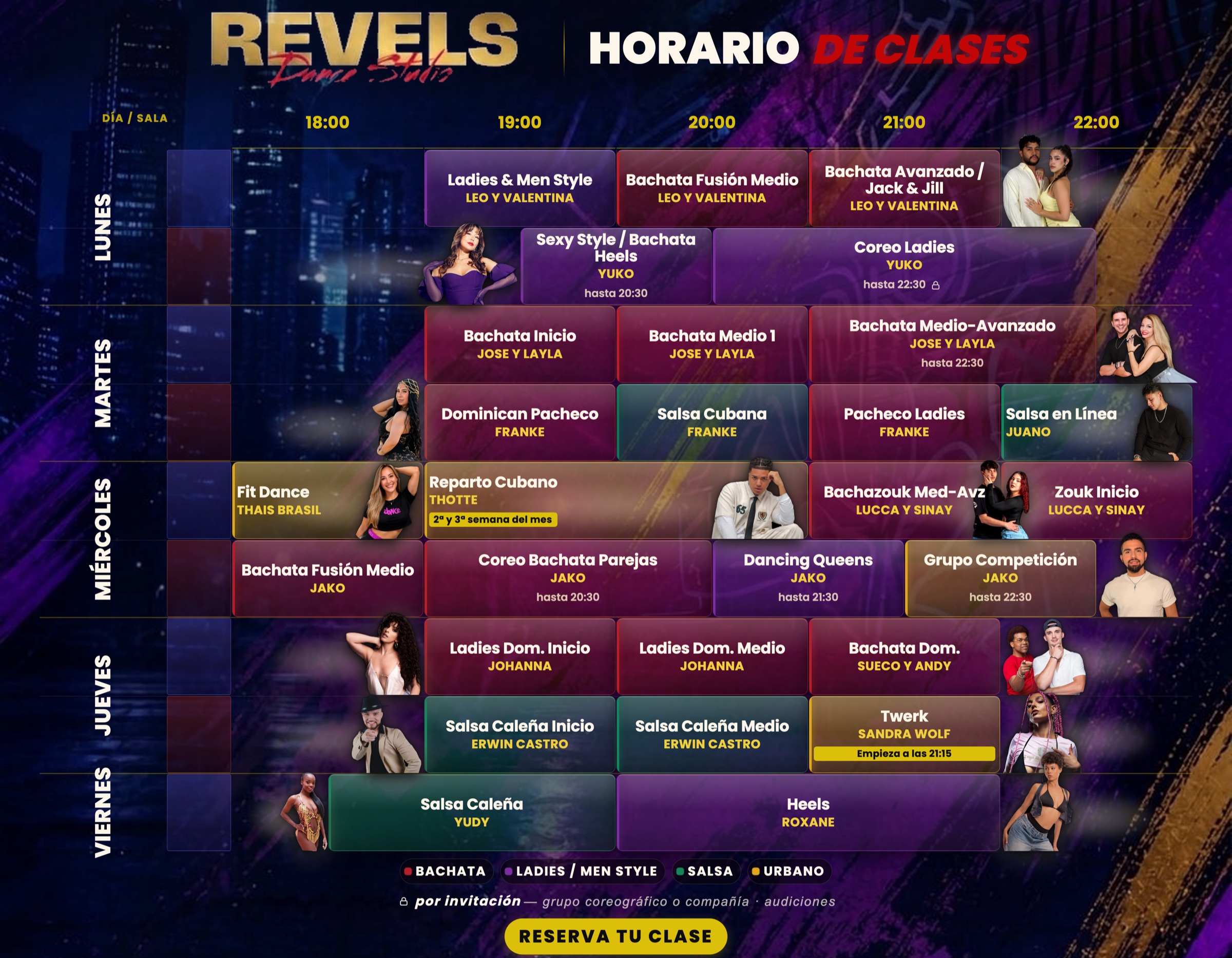 Cuadrante del horario semanal de REVELS Dance Studio: 28 clases en Puente de Vallecas